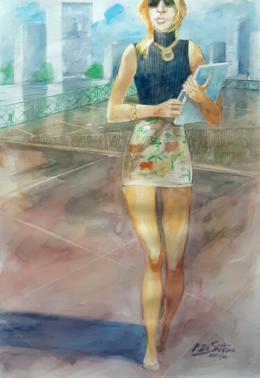 Painting titled "Caminhando na Praça" by Paulo Di Santoro, Original Artwork, Watercolor