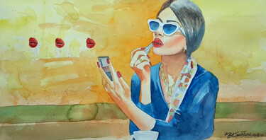 Malerei mit dem Titel "Moça no Café" von Paulo Di Santoro, Original-Kunstwerk, Aquarell