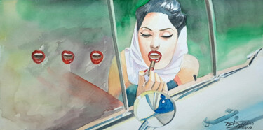 Pintura titulada "Moça no Carro" por Paulo Di Santoro, Obra de arte original, Acuarela