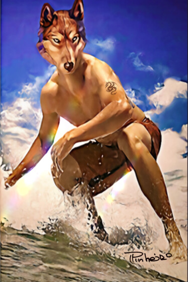 Painting titled "Surfer Wolf" by Paulo Pinheiro, Original Artwork, Digital Painting