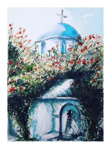 Painting titled "Church in Paros - G…" by Paulos Stollas, Original Artwork, Watercolor