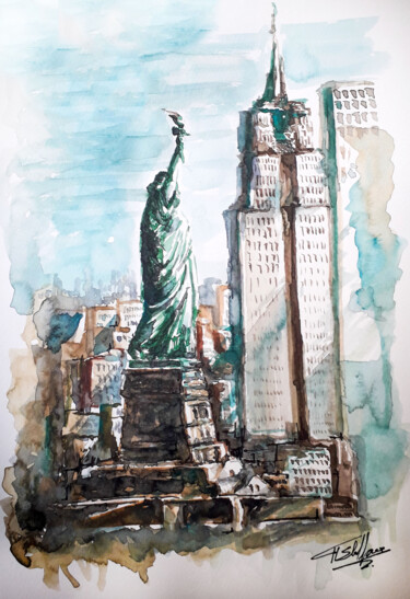 Painting titled "NEW YORK" by Paulos Stollas, Original Artwork, Watercolor