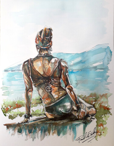 Malerei mit dem Titel "After Yoga" von Paulos Stollas, Original-Kunstwerk, Aquarell