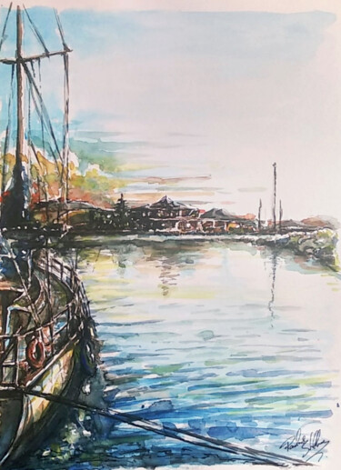 Peinture intitulée "Marine of Patras" par Paulos Stollas, Œuvre d'art originale, Aquarelle