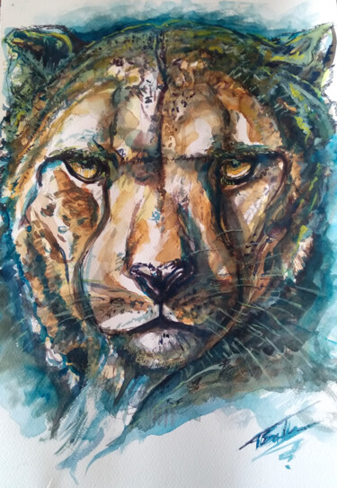 Painting titled "Cheetah's looking" by Paulos Stollas, Original Artwork, Watercolor