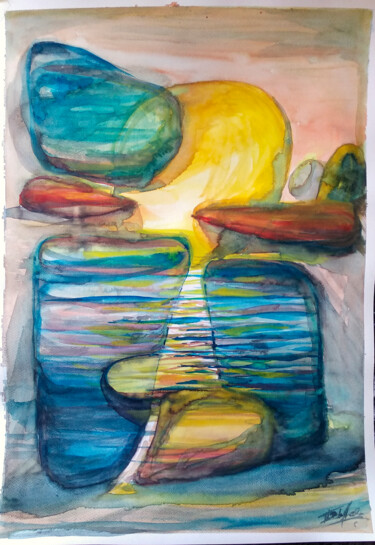 Malerei mit dem Titel "SUNSET" von Paulos Stollas, Original-Kunstwerk, Aquarell