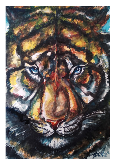 Painting titled "Tiger eyes" by Paulos Stollas, Original Artwork, Watercolor