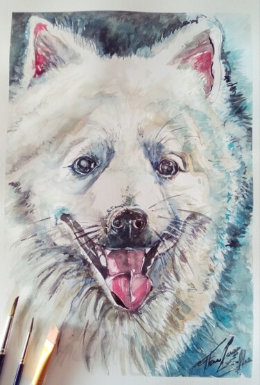 Schilderij getiteld "Frosty's portrait" door Paulos Stollas, Origineel Kunstwerk, Aquarel