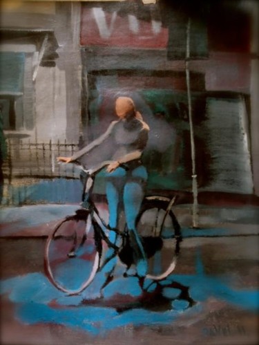 Картина под названием "велосипедистка на п…" - Paulus Hoffman, Подлинное произведение искусства, Масло