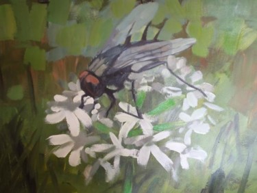 Painting titled "fly on a white flow…" by Paulus Hoffman, Original Artwork, Oil