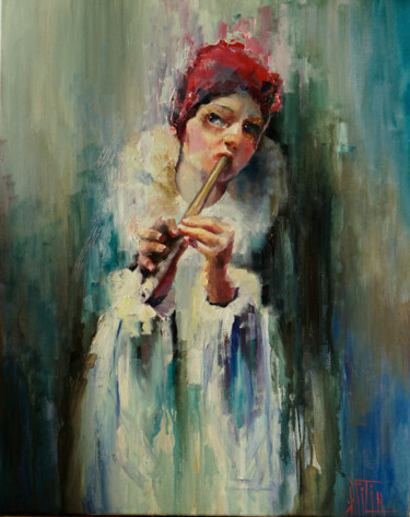 Painting titled "pierrot" by Pavel Filin, Original Artwork, Oil Mounted on Wood Stretcher frame