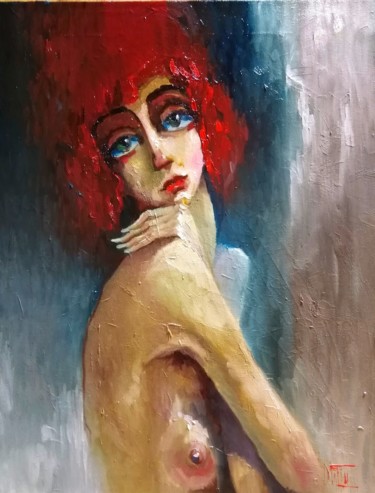 Painting titled "kitty" by Pavel Filin, Original Artwork, Oil Mounted on Wood Stretcher frame