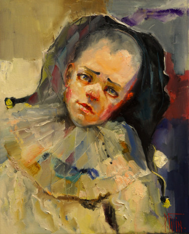 Painting titled "little harlequin" by Pavel Filin, Original Artwork, Oil Mounted on Wood Stretcher frame