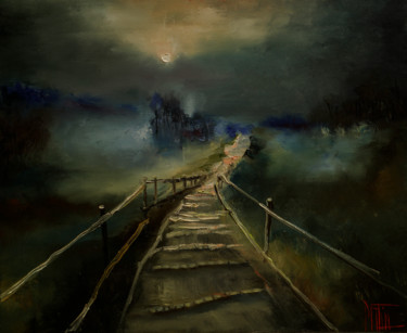 Ζωγραφική με τίτλο "night, fog" από Pavel Filin, Αυθεντικά έργα τέχνης, Λάδι Τοποθετήθηκε στο Ξύλινο φορείο σκελετό
