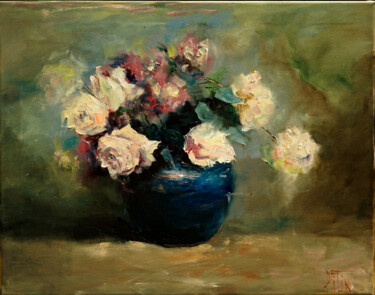 Painting titled "White rosesses" by Pavel Filin, Original Artwork, Oil Mounted on Wood Stretcher frame
