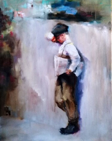 Painting titled "Newspaper boy" by Pavel Filin, Original Artwork, Oil Mounted on Wood Stretcher frame
