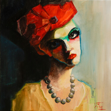Painting titled "girl with pearls" by Pavel Filin, Original Artwork, Oil Mounted on Wood Stretcher frame