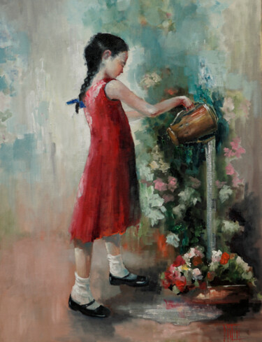 Painting titled "flower girl" by Pavel Filin, Original Artwork, Oil Mounted on Wood Stretcher frame