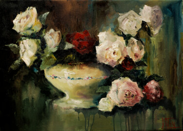 Painting titled "White roses" by Pavel Filin, Original Artwork, Oil Mounted on Wood Stretcher frame
