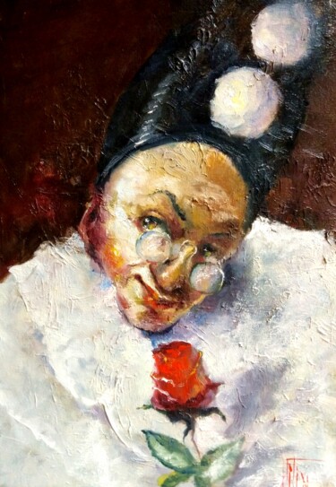 Картина под названием "Smile with a rose" - Pavel Filin, Подлинное произведение искусства, Масло Установлен на Деревянная ра…
