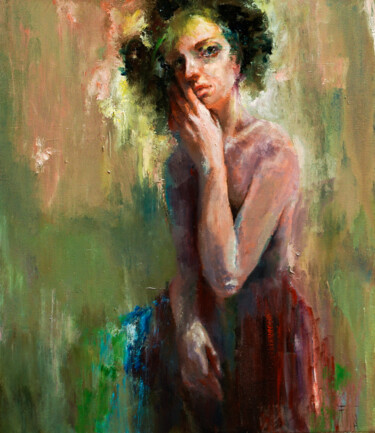 Painting titled "brunette" by Pavel Filin, Original Artwork, Oil Mounted on Wood Stretcher frame
