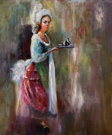 Painting titled "maid" by Pavel Filin, Original Artwork, Oil Mounted on Wood Stretcher frame