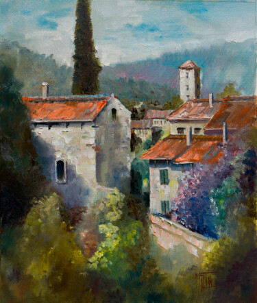 Painting titled "view from the hotel" by Pavel Filin, Original Artwork, Oil Mounted on Wood Stretcher frame