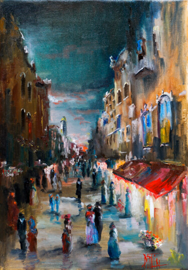 Painting titled "an evening walk" by Pavel Filin, Original Artwork, Oil Mounted on Wood Stretcher frame