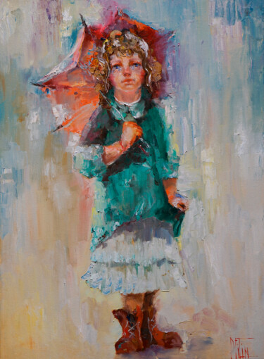 Painting titled "grandma's umbrella" by Pavel Filin, Original Artwork, Oil Mounted on Wood Stretcher frame