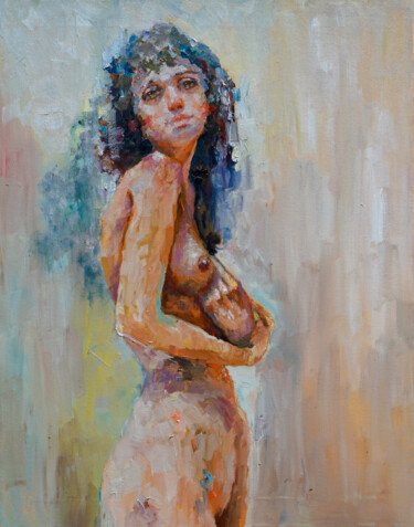 Painting titled "akt 25" by Pavel Filin, Original Artwork, Oil Mounted on Wood Stretcher frame