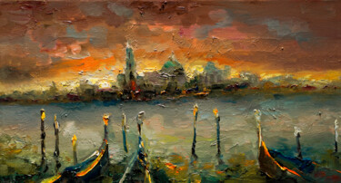 Painting titled "warm evening" by Pavel Filin, Original Artwork, Oil Mounted on Wood Stretcher frame