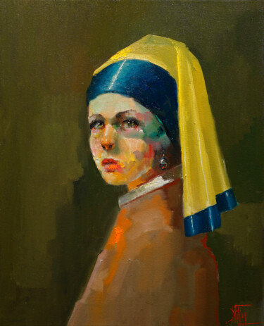Painting titled "ohannes Vermeer van…" by Pavel Filin, Original Artwork, Oil Mounted on Wood Stretcher frame