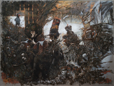 Painting titled "Evening meal in nat…" by Pavel Guliaev, Original Artwork, Oil Mounted on Wood Stretcher frame
