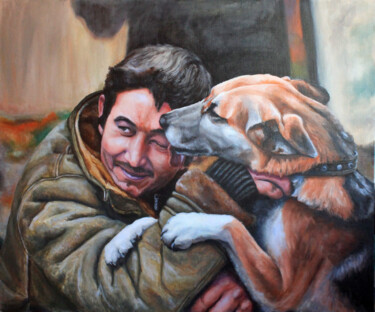 Malerei mit dem Titel "Man and dog" von Pavel Krasheninin, Original-Kunstwerk, Öl
