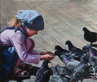 Peinture intitulée "Girl and pigeons" par Pavel Krasheninin, Œuvre d'art originale, Huile