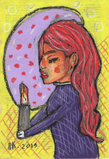 Disegno intitolato "Girl and candle" da Pavel Kuragin, Opera d'arte originale, Inchiostro