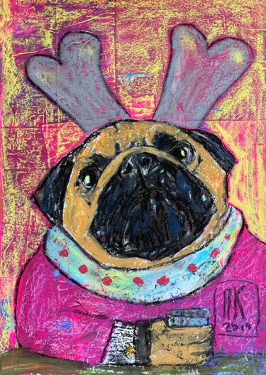 Dessin intitulée "Drinking pug" par Pavel Kuragin, Œuvre d'art originale, Pastel