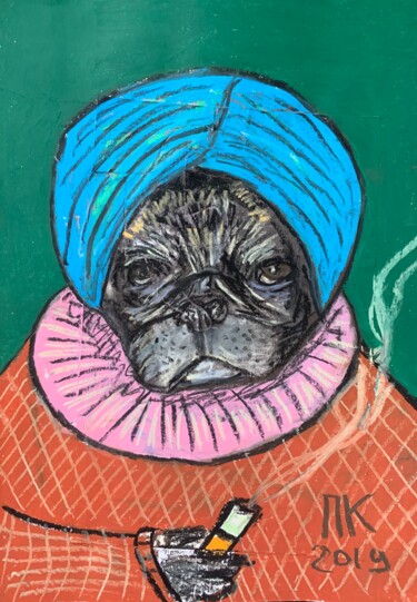 Zeichnungen mit dem Titel "Dog with Babushka s…" von Pavel Kuragin, Original-Kunstwerk, Pastell
