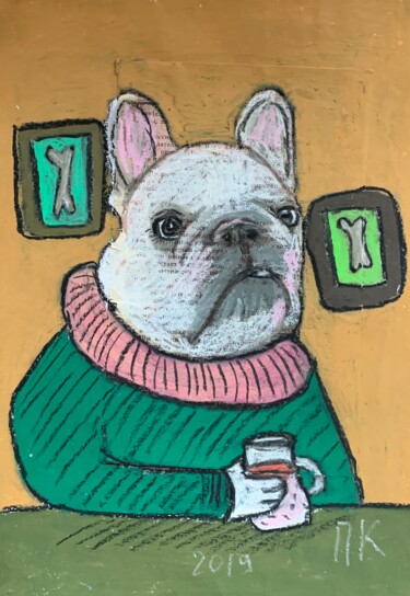 Zeichnungen mit dem Titel "Drinking dog 68" von Pavel Kuragin, Original-Kunstwerk, Pastell