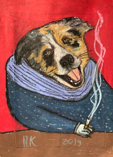 Desenho intitulada "Smoking dog 52" por Pavel Kuragin, Obras de arte originais, Pastel