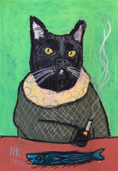 Dibujo titulada "Smoking cat 13" por Pavel Kuragin, Obra de arte original, Pastel