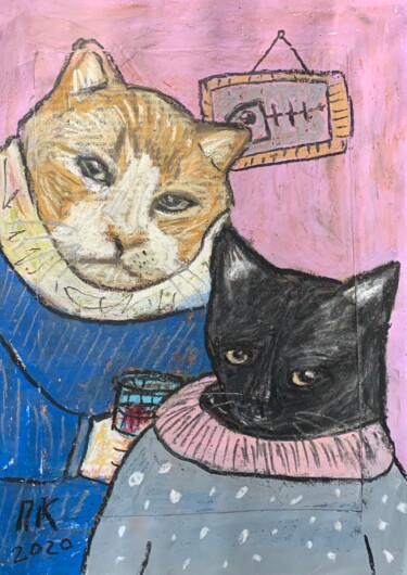 Desenho intitulada "Drinking cats" por Pavel Kuragin, Obras de arte originais, Pastel