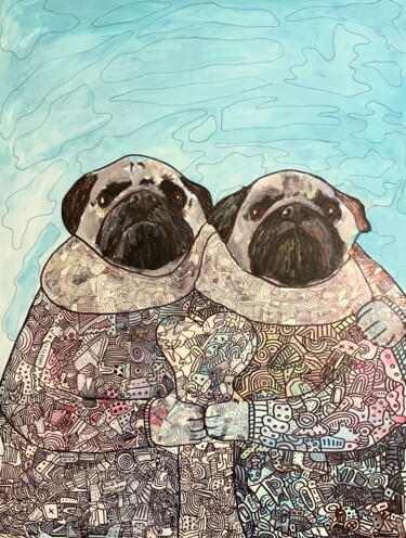 Painting titled "Pugs and Holy Grail" by Pavel Kuragin, Original Artwork, Acrylic