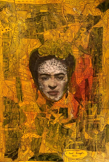 Collagen mit dem Titel "Frida Kahlo 88" von Pavel Kuragin, Original-Kunstwerk, Acryl