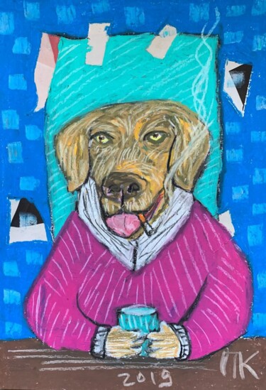 Drawing titled "Drinking dog #34" by Pavel Kuragin, Original Artwork, Pastel