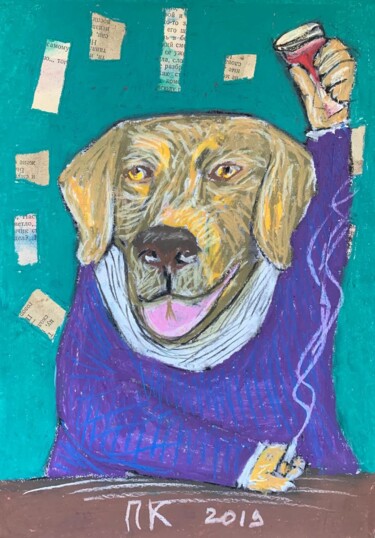 Dessin intitulée "Drinking dog #35" par Pavel Kuragin, Œuvre d'art originale, Pastel