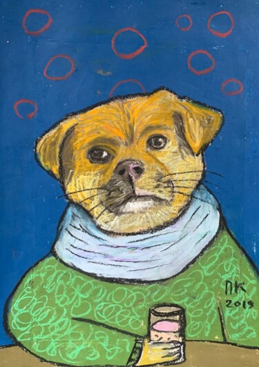Drawing titled "Drinking dog #69" by Pavel Kuragin, Original Artwork, Pastel