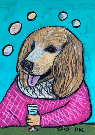 Drawing titled "Drinking dog #60" by Pavel Kuragin, Original Artwork, Pastel