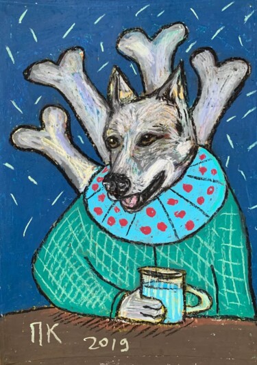 Zeichnungen mit dem Titel "Drinking dog #58" von Pavel Kuragin, Original-Kunstwerk, Pastell