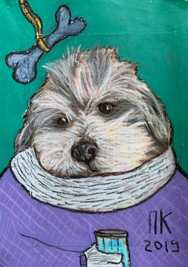 Drawing titled "Drinking dog #59" by Pavel Kuragin, Original Artwork, Pastel